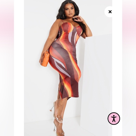 Womens New PrettyLittleThing Plus Brown Ombre Stripe Cup Detail Midi Dress - Picture 1 of 9